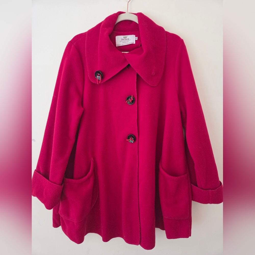 Janska Vintage Red Flanel Wide Colar Pea Coat Large Buttons M